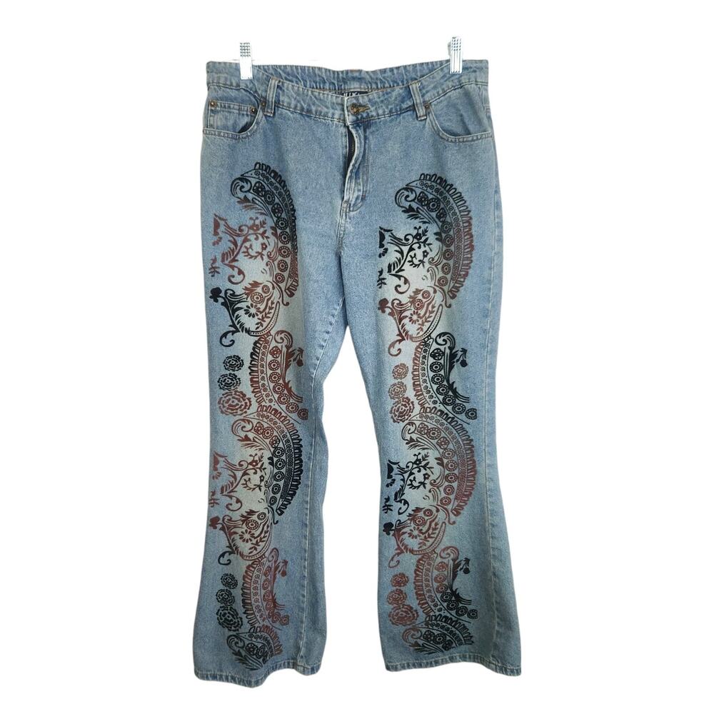Y2K Vtg Paisley Velvet Flocked Flare Jeans 16 Boho Hippie Festival Indie Grunge